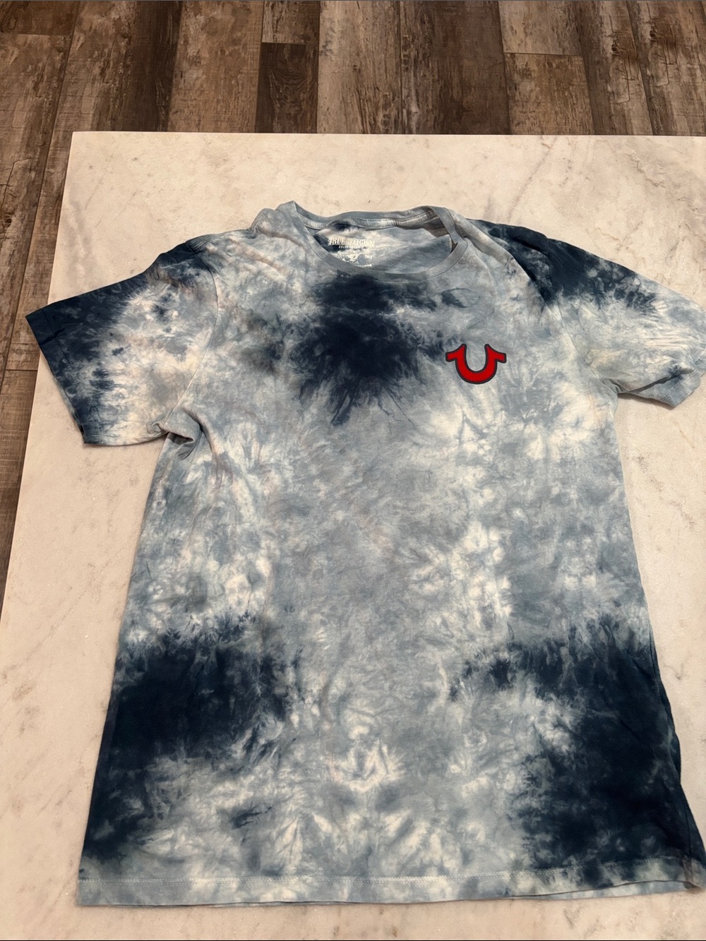 True Religion Blue Tie-Dye Tee with Red Horseshoe